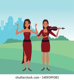 musician playing violin and dancing avatar cartoon character in the park cityscape skyscraper vector illustration graphic design