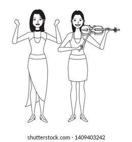 musician playing violin and dancing avatar cartoon character black and white vector illustration graphic design