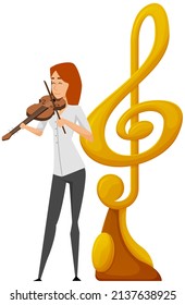 Musiker, der Geige spielt. Girl-Geiger spielen klassisches Musikinstrument steht in der Nähe des großen goldenen Treppenklepps. Vektorgrafik Straße violistisch leidenschaftlich über Musik und Noten einzeln auf Weiß