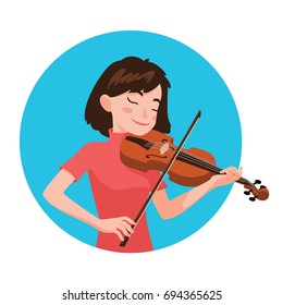Musician playing violin. Girl violinist is inspired to play a classical musical instrument. Vector illustration in cartoon style in the blue circle on white background for your design and print.