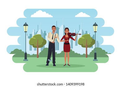 musician playing violin and singing avatar cartoon character in the park cityscape skyscraper vector illustration graphic design