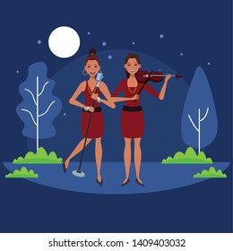 musician playing violin and singing avatar cartoon character in the park at night vector illustration graphic design