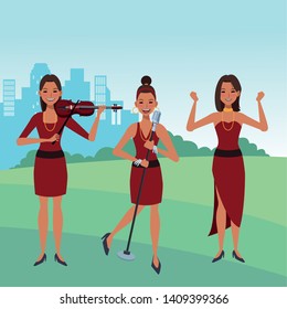 musician playing violin and singing and dancing avatar cartoon character in the park cityscape skyscraper vector illustration graphic design