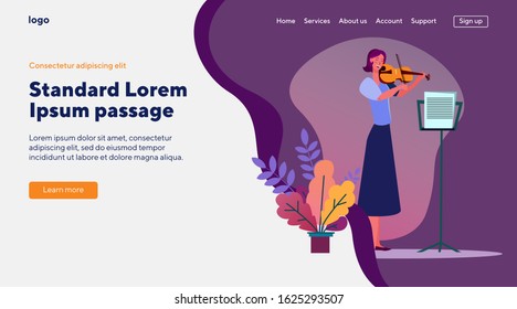 Musician playing violin. Woman, symphony, musical instrument. Flat vector illustrations. Concert, music, culture, hobby concept for banner, website design or landing web page