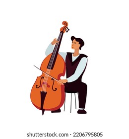 The musician plays the double bass. The character is a man in a suit with a tool.