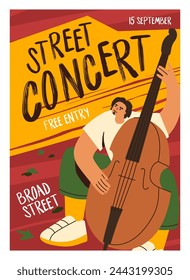 Musician plays double bass on live concert. Advertisement flyer, poster of jazz festival. Jazzman on music event placard. Person performs with string instrument on stage. Flat vector illustration