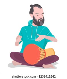 The musician plays drums and percussion. Keeps the rhythm on Djemba. Vector illustration