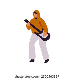 Musician plays electric or bass guitar. Artist performs with string instrument on stage. Musical performer shows talent in concert, performance. Flat isolated vector illustration on white background