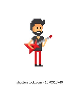 Musician plays electric guitar. Pixel art. 8 bit video game. 8-bit sprite. isolated vector illustration. Design for stickers, logo, embroidery, mobile app.