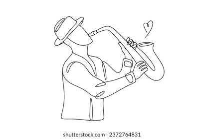 A musician plays jazz music on the saxophone. Music with soul. International Jazz Festival. One line drawing for different uses. Vector illustration.