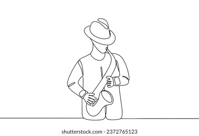 A musician plays jazz music on the saxophone. International Jazz Festival. One line drawing for different uses. Vector illustration.