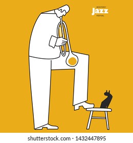 A musician plays jazz trumpet for a black cat. Vector illustration on yellow background.