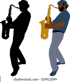 Musician Plays Saxophone Illustration And Silhouette  - Vector