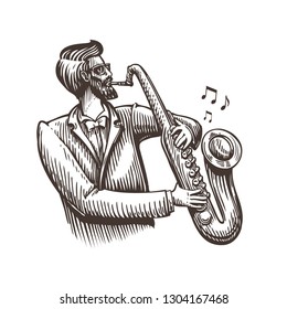 Musician plays the saxophone. Jazz, live music, blues sketch. Vintage vector illustration