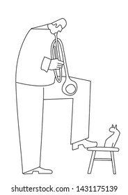 The musician plays the trumpet for the cat. Illustration drawn by a line on a white background