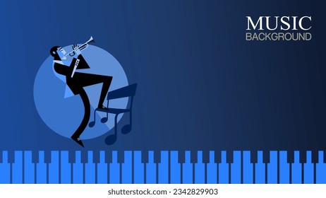 Musician plays wind intrumentmusic and one leg put on music note chair, on blue piano key and blue background, music background