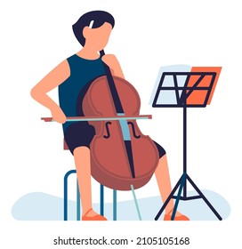 Musician practicing on cello. Person playing on wooden music instrument