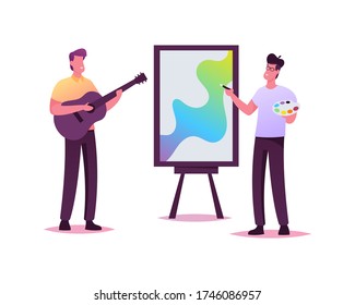 Musician Practicing Playing Guitar, Artist Painting Picture with Paints. Talented Male Characters Use Right Brain Part for Musical and Paint Creative Development. Cartoon People Vector Illustration