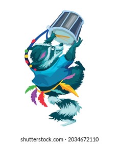 Musician raccoon is playing on drums. Sticker in vector on the white background
