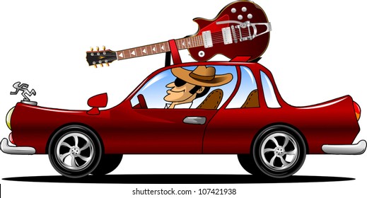 Musician rides in the car with his guitar on the roof (illustration)