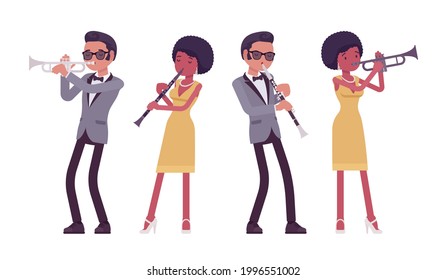 Musician, rock and roll performers man, woman playing clarinet, trumpet. Blues band or pop music artists instrumental accompaniment. Vector flat style cartoon illustration isolated on white background