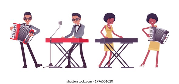 Musician, rock and roll performers, man, woman playing accordion, synthesizer. Blues band or pop music artists accompaniment. Vector flat style cartoon illustration isolated on white background