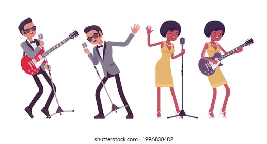 Musician, rock and roll performers man, woman playing guitar, singing. Blues band or pop music artists instrumental accompaniment. Vector flat style cartoon illustration isolated on white background