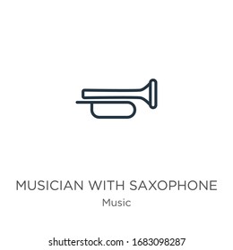 Musician with saxophone icon. Thin linear musician with saxophone outline icon isolated on white background from music collection. Line vector sign, symbol for web and mobile