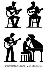 Musician Set with Guitar and Piano Silhouettes. Flat Vector Illustration