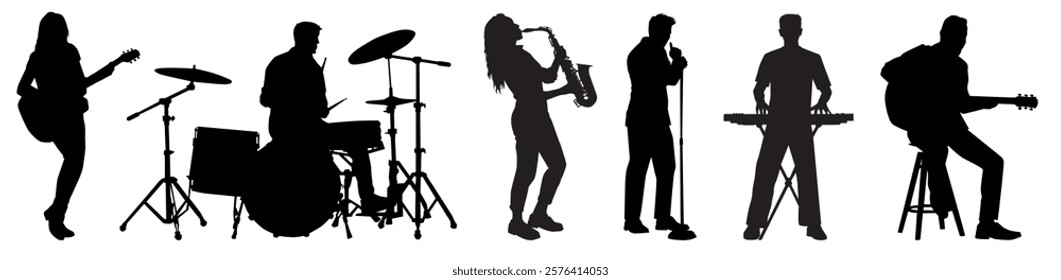 Musician silhouette collection. different instrument player playing music silhouette set.