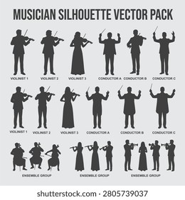 Musician Silhouette Vector Pack With Violinists, Conductors, Flutists and Ensemble Orchestra Figures and Poses	