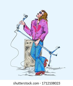 A musician singer- vocalist with a microphone in the style of the 60s, with long hair and flared jeans. Vector.