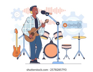 A musician singing and playing an acoustic guitar on stage with drums, microphone, and sound wave elements in the background. Concept of music and performance. Vector illustration