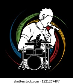 Musician singing and playing drum, Music band, Artist graphic vector
