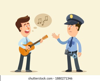 A musician singing in the street and playing guitar is fined by a policeman for loud noise. Illegal concert on the street. Vector illustration, flat design, cartoon style, isolated background.