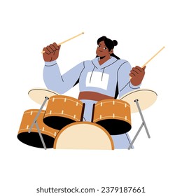 Músico sentado en el kit de tambores. El tambor toca música, hace latido, ritmo. La joven toca con un instrumento de percusión, lleva los tambores en la mano. Ilustración vectorial aislada plana sobre fondo blanco