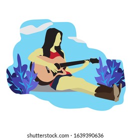 musician sitting with the guitar in hands. Young woman playing the acoustic guitar. flat design