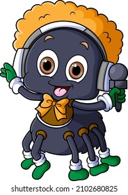 The musician spider is singing and wearing a headphone of illustration