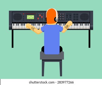 Musician Synthesizer Geek Hipster Music Player Back Concept Character Icon Flat Design Stylish Background Template Vector Illustration