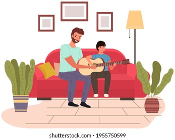 Musician teaches child to make songs. Guitar and music lesson. Dad and son playing together