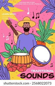 Musician with traditional instruments vibrant scene colorful plants musical notes tropical elements abstract background