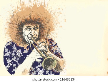 Musician: trumpet player. Vintage illustration of a music environment. Description: Editable in several layers (at least three layers). Number of colors in each layer: no more than six.