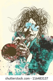 Musician: trumpet player. Vintage illustration of a music environment. Description: Editable in several layers (at least three layers). Number of colors in each layer: no more than six.