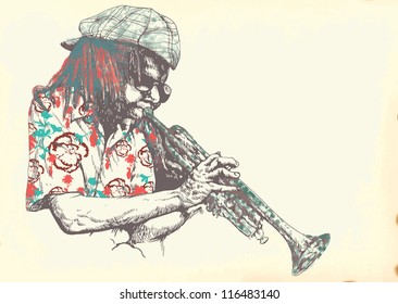 Musician: trumpet player. Vintage illustration of a music environment. Description: Editable in several layers (at least three layers). Number of colors in each layer: no more than six.