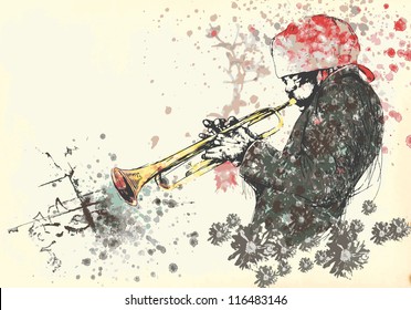 Musician: trumpet player. Vintage illustration of a music environment. Description: Editable in several layers (at least three layers). Number of colors in each layer: no more than six.