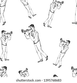 Musician with trumpet. Seamless pattern. Vector illustration.