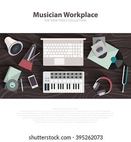 Musician tutoring workspace flat illustrations. Musician working brown table with digital equipment. Sound art concept. Computer, headphones, sequencer loudspeaker isolated on white background. Vector