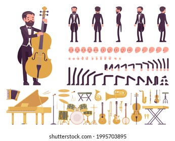 Musician, tuxedo man playing classical music, musical instruments, construction set. Grand piano, guitar, double bass, drum, violin. Vector illustration, different emotion