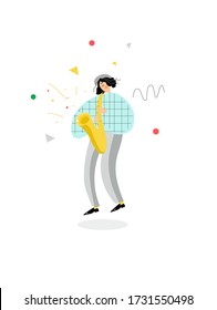 
Musician. Vector illustration with musician, saxophone, and details for booklet, business card, postcard, advertisement, banner, site.