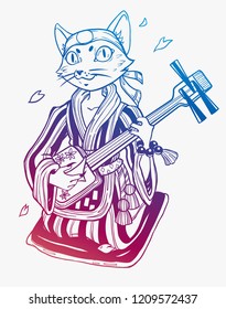 Сat musician. Vector isolated illustration. Fantasy art, beauty, boho style, stickers, coloring books.